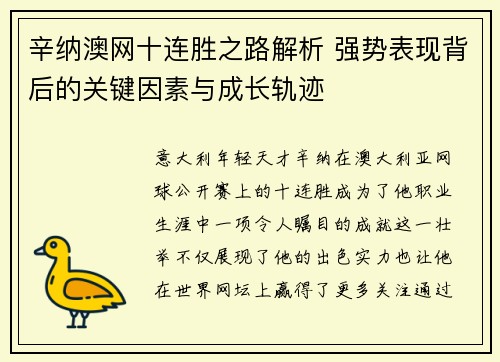 辛纳澳网十连胜之路解析 强势表现背后的关键因素与成长轨迹